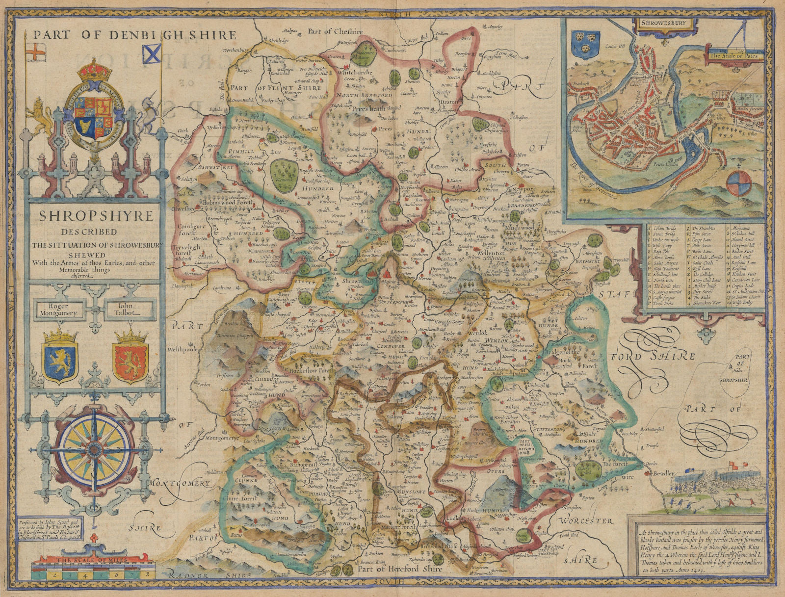Shropshyre. Shropshire county map by John Speed. Bassett & Chiswell edition 1676